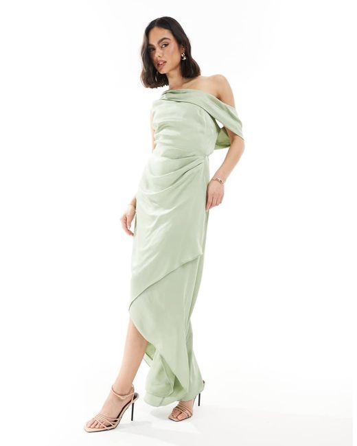 TFNC London Green Bridesmaid Satin Fallen Shoulder Maxi Dress With Wrap Skirt