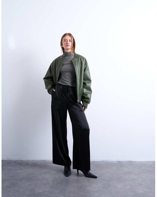 Pantalones Negros De Pernera Ancha Con Lazada En La Cintura De Satén De TOPSHOP de color White