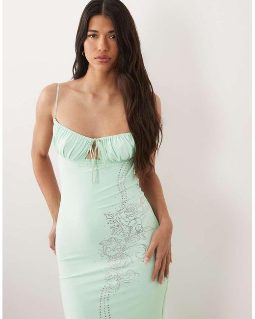 Tiger Mist Green Ophelia Diamante Flower Detail Strappy Tie Front Low Back Maxi Dress