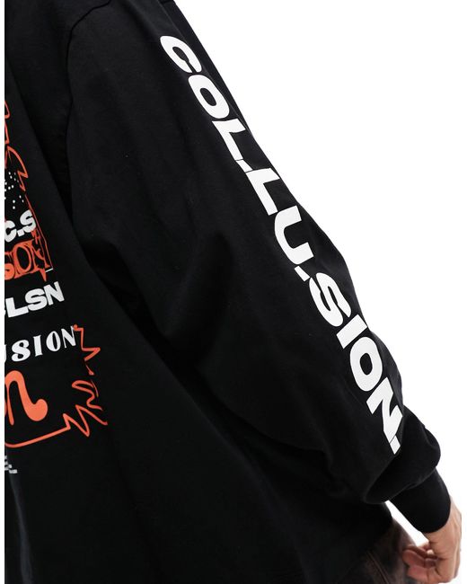 Collusion Black Long Sleeve Printed T-shirt With Wings And Text Graphic for men
