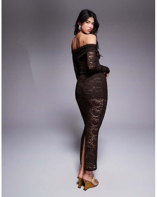 Murci Brown Exclusive Sheer Lace Bardot Bodysuit And Foldover Waist Maxi Skirt Set
