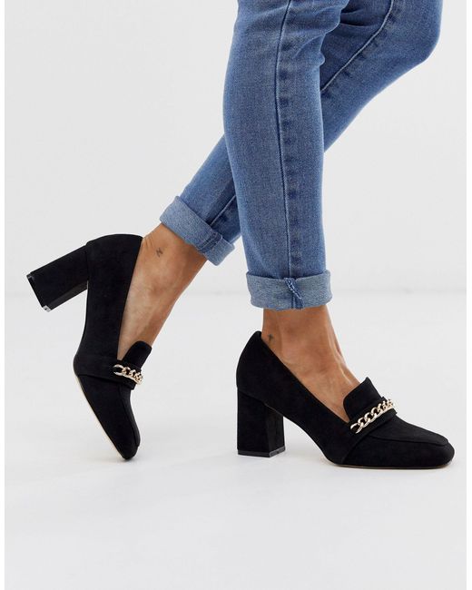 London Rebel Black Heeled Loafer Shoes With Gold Chain