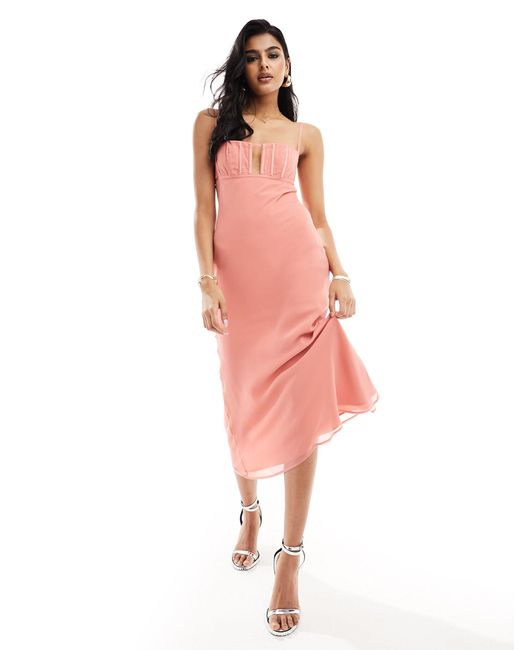ASOS Pink Corset Bust Detail Bias Midi Dress