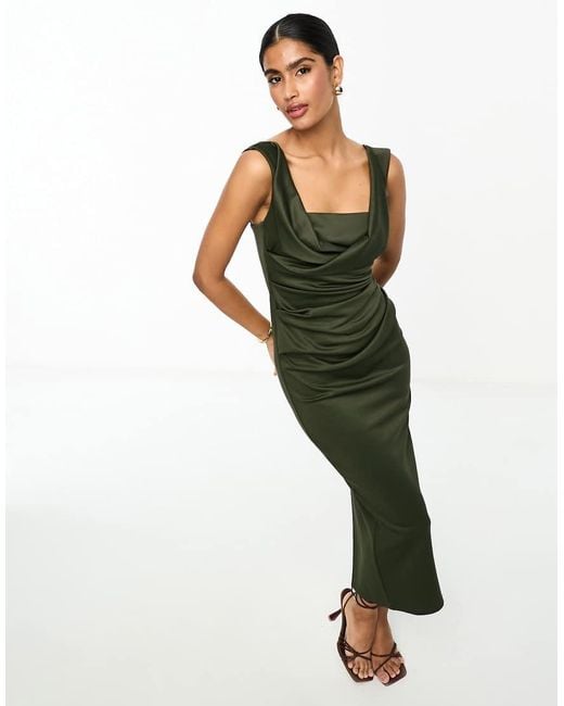 ASOS Gray Square Neck Pleated Bust Midi Pencil Dress