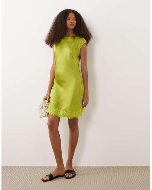 ASOS Green Slash Neck Satin Mini Dress With Lace Hem