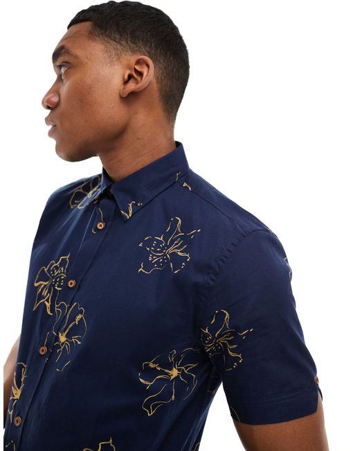 Ben Sherman Blue Short Sleeve Linear Floral Print Shirt for men