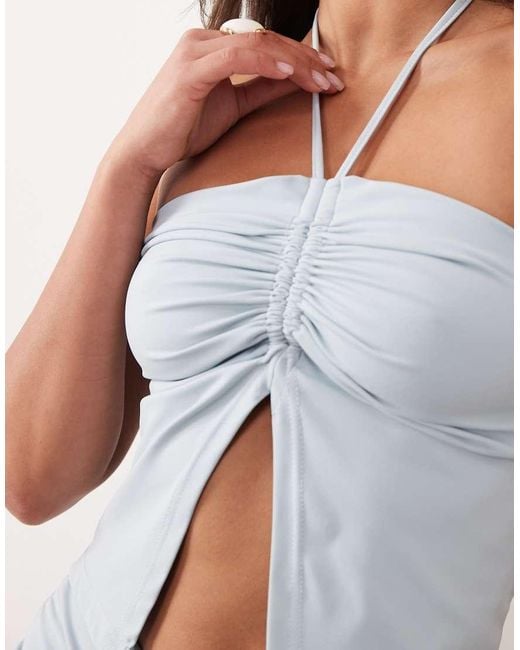 The Frolic White Exclusive Slinky Halterneck Ruched Detail Split Front Top
