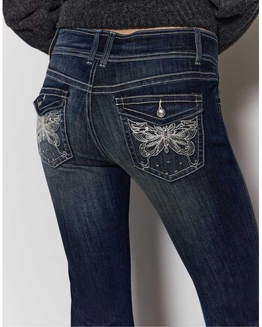 Stradivarius Blue Embroidered Pocket Bell Bottom Jeans