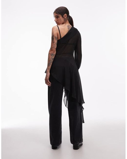 AllSaints Black Anaya One Sleeve Off Shoulder Asymmetric Ruffle Top