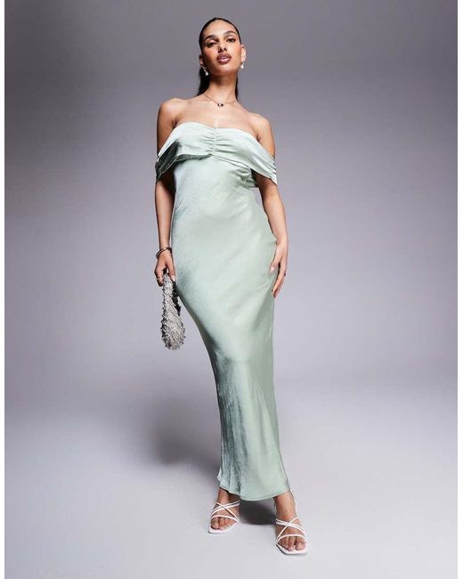 Princess Polly Blue Satin Bardot Ruched Front Detail Maxi Dress