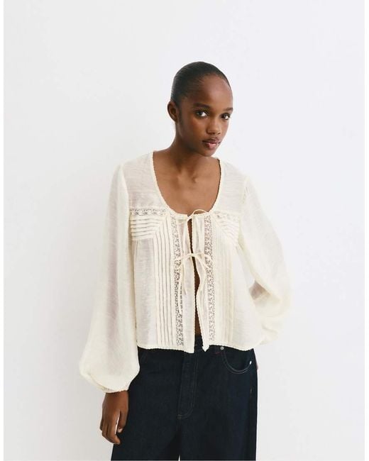 Pull&Bear Natural Lace-trim Blouse With Ties