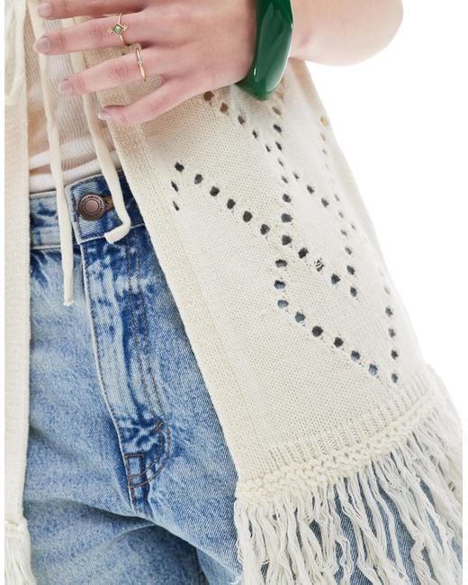 Miss Selfridge Blue Knit Tie Front Fringed Vest