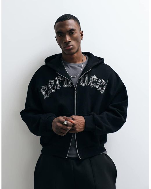 CERNUCCI Blue 100% Cotton Rhinestone Embellished Logo Zip Through Boxy Fit Hoodie for men