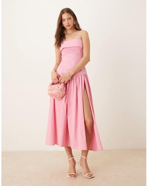 ASOS Pink Fold Over Bandeau Midi Dress With Asymmetric Detailing