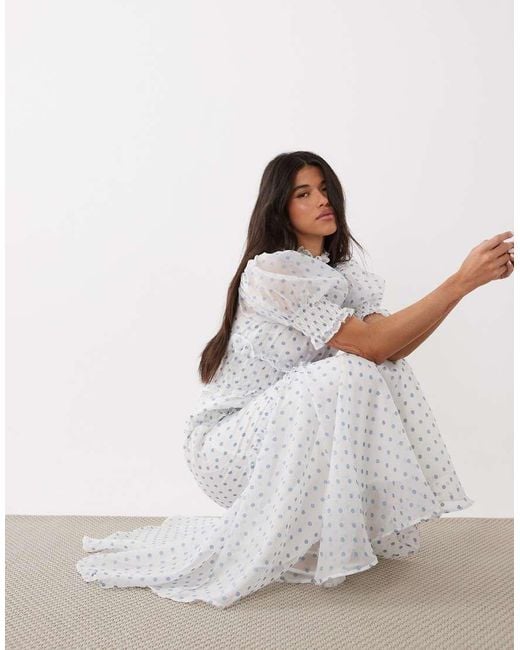 Sister Jane White Chiffon Shirred Ruffle Puff Sleeve Maxi Dress