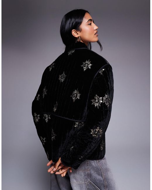 ASOS Black Quilted Embroidered Velvet Jacket