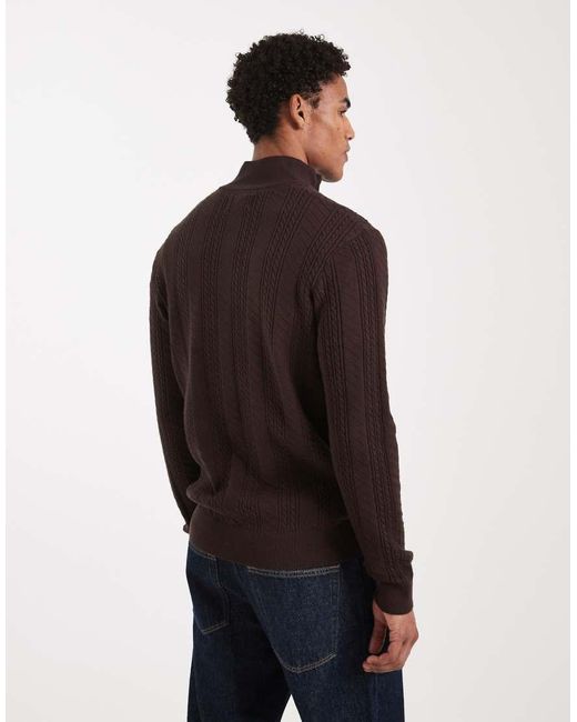 Threadbare Brown Cable Knit Quarter Zip Jumper for men