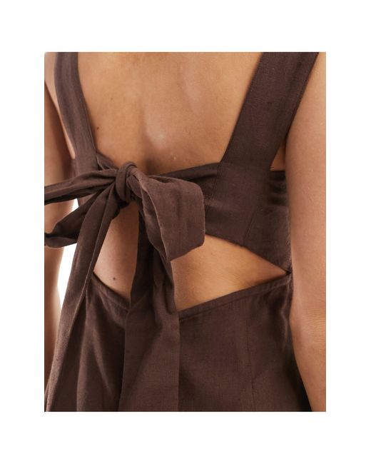 Asos design petite - robe d'été courte en lin avec encolure carrée et lien noué au dos - chocolat ASOS en coloris Brown