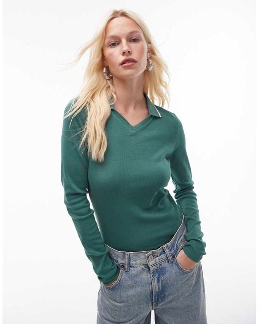 TOPSHOP Blue Tipped Long Sleeve Polo Top