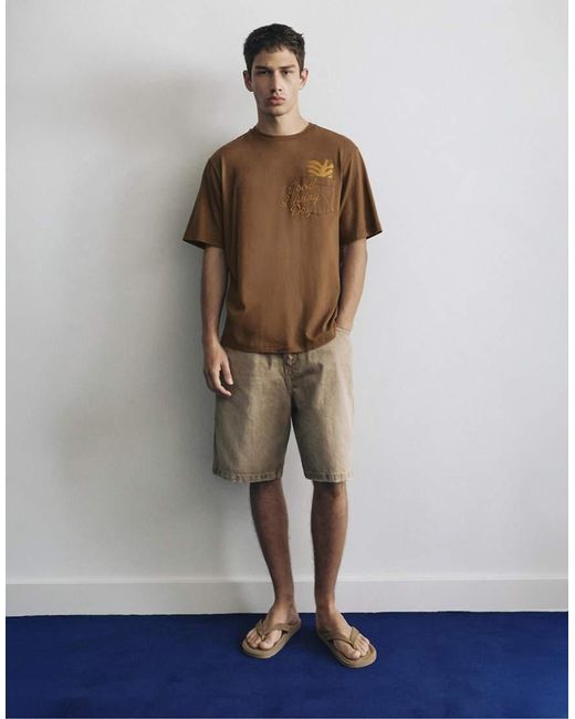 Pull&Bear Brown Boxy-fit Graphic Pocket T-shirt for men