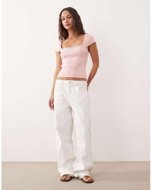 Miss Selfridge Pink Cap Sleeve Ribbed Knitted Top With Lace Detail