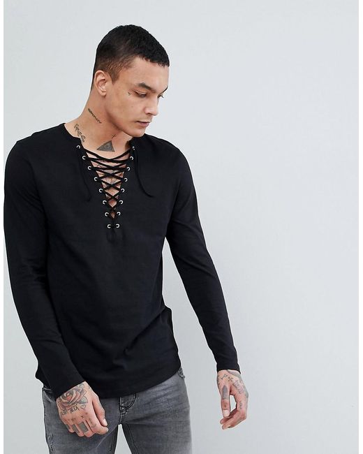 ASOS Asos Longline Long Sleeve T shirt With Deep Lace Up Neck And