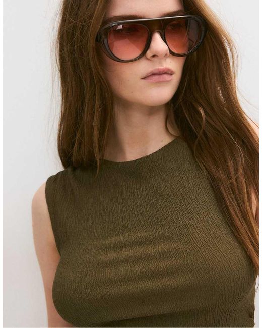 Stradivarius Green Gathered Texture T-shirt