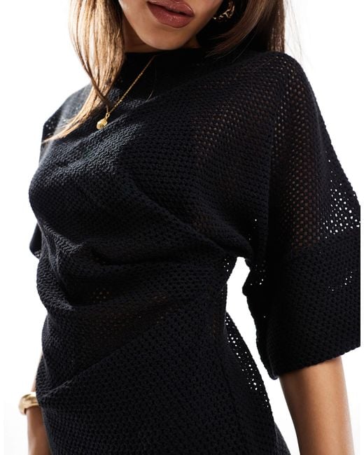 ASOS Black Crochet T Shirt Tuck Mini Dress