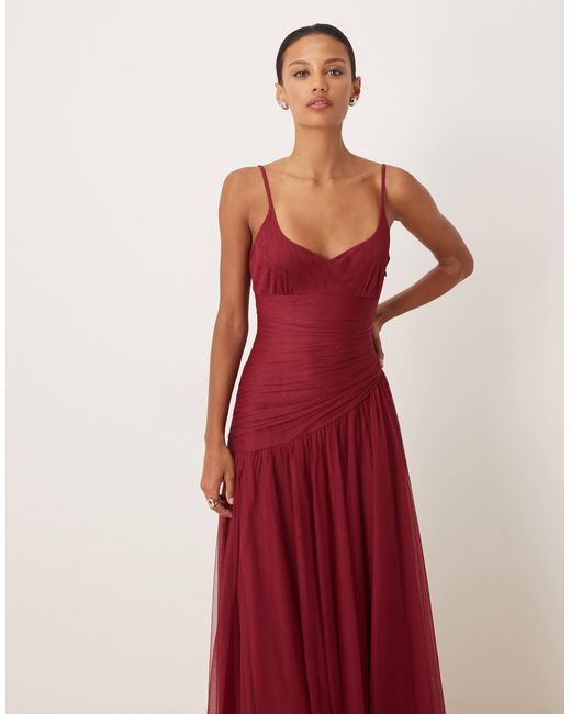 LACE & BEADS Women's Red Hosanna Tulle Cami Sweetheart Neck Asymmetric Drop  Waist Maxi Dress