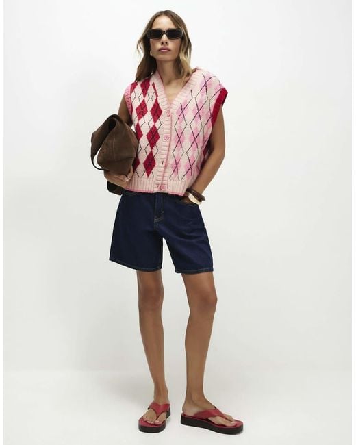 River Island Pink Knitted Argyle Waistcoat
