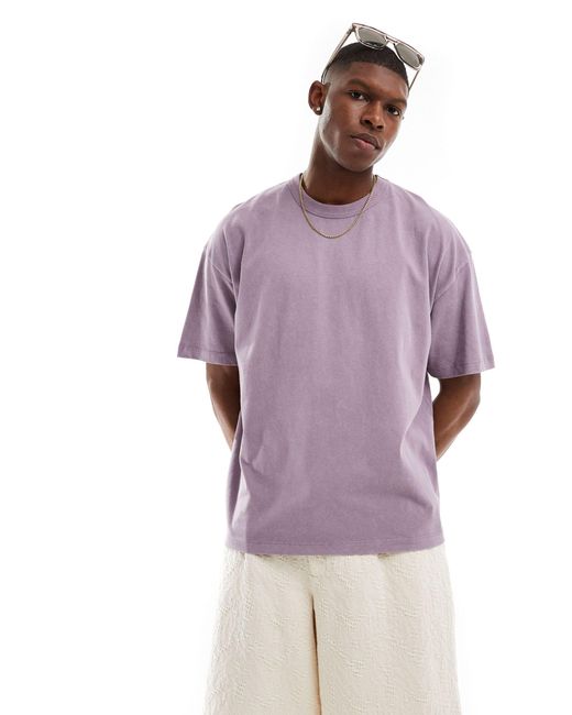 T-shirt oversize en tissu épais avec imprimé plante abstrait - délavé ASOS en coloris Purple