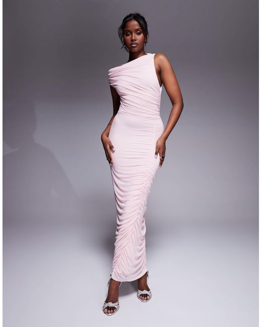 ASOS Gray Mesh Asymmetric Neck Off Shoulder Ruched Maxi Dress