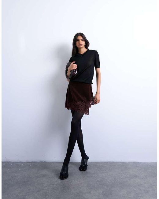 TOPSHOP Black Velvet Asymmetric Mini Skirt With Lace Trim