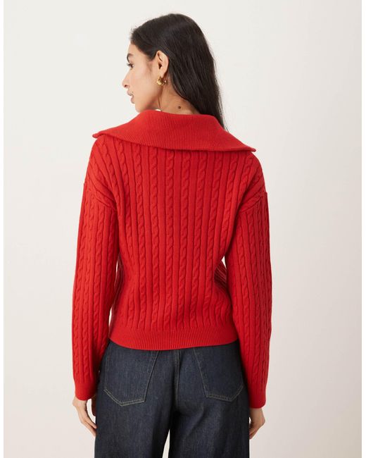 Mango Red Cable Knit Quarter Zip Jumper