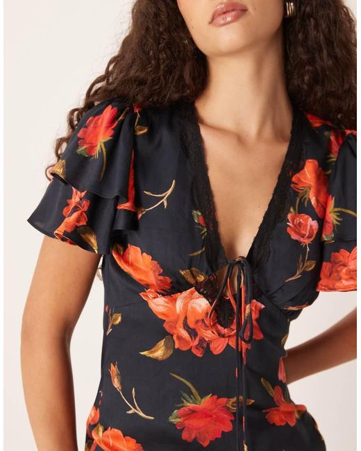 Hope & Ivy Multicolor Satin Lace Trim Flutter Sleeve Midi Dress