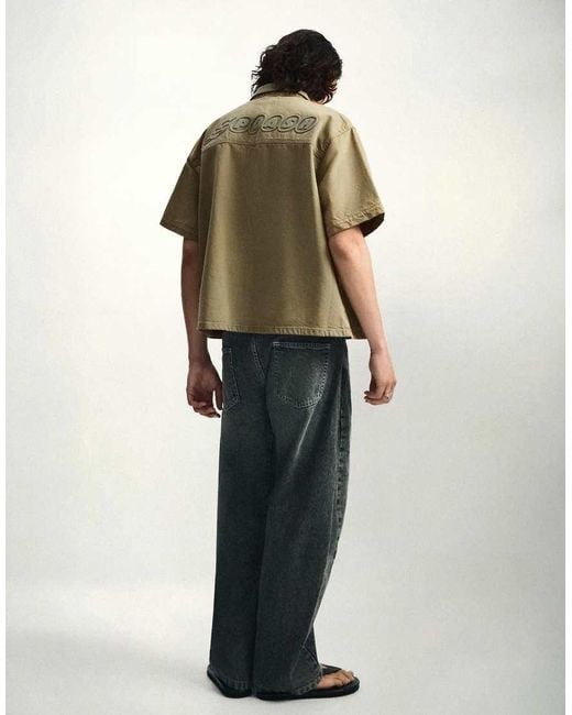 Bershka Natural Short Sleeve Boxy Textured Shirt for men