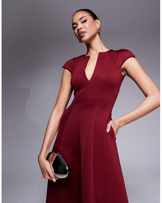 Goddiva Red Cap Sleeve Plunging V Neckline A-Line Midi Dress