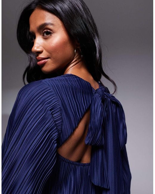 ASOS Blue Asos Design Petite Plisse Wide Sleeve Mini Dress With Back Bow Detail