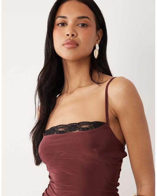 ASOS Red Slinky Square Neck Skinny Strap Cami Top With Lace Trim