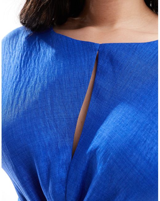 ASOS Blue Asos Design Curve Cap Sleeve Keyhole Ruched Front Midi Dress