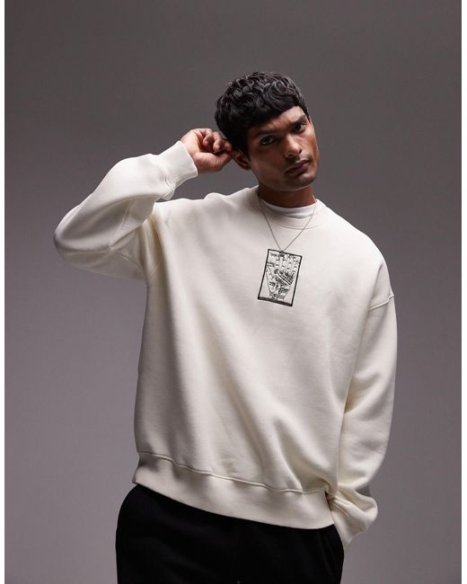 Topman White Oversized Fit Sweatshirt With Cosmic Hand Print It Ecru for men