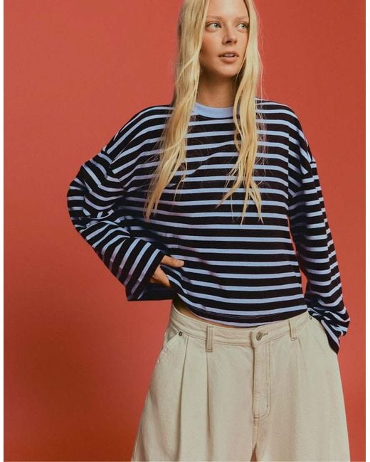 Bershka Blue Striped Boxy Long Sleeve T-Shirt