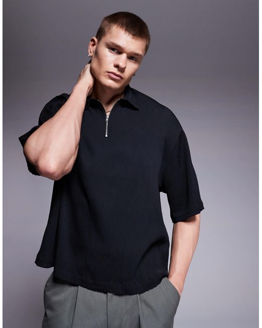 ASOS – plissiertes, kastiges oversize-schlupfhemd in Black für Herren