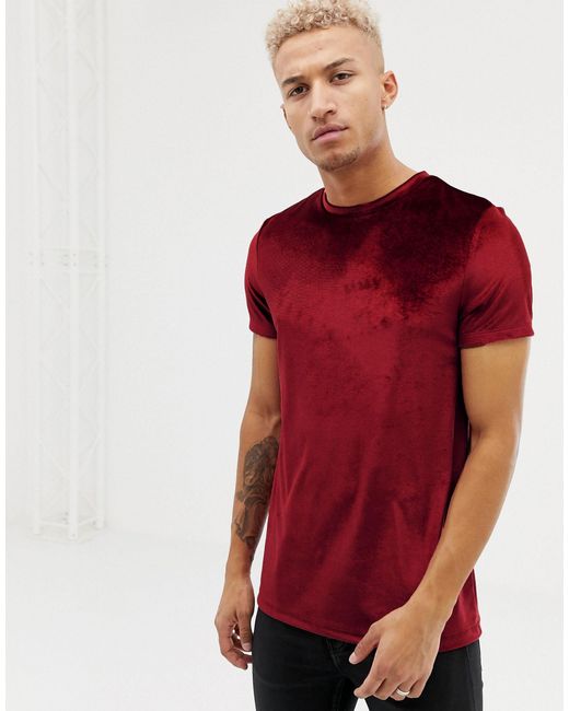 ASOS – Lang geschnittenes Velours-T-Shirt in Red für Herren