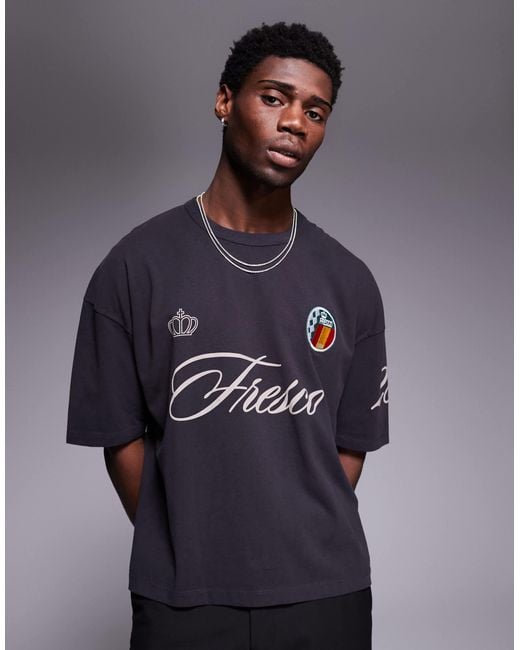 ASOS Blue Boxy Oversized Washed T-shirt With Sports Graphic And Badge for men