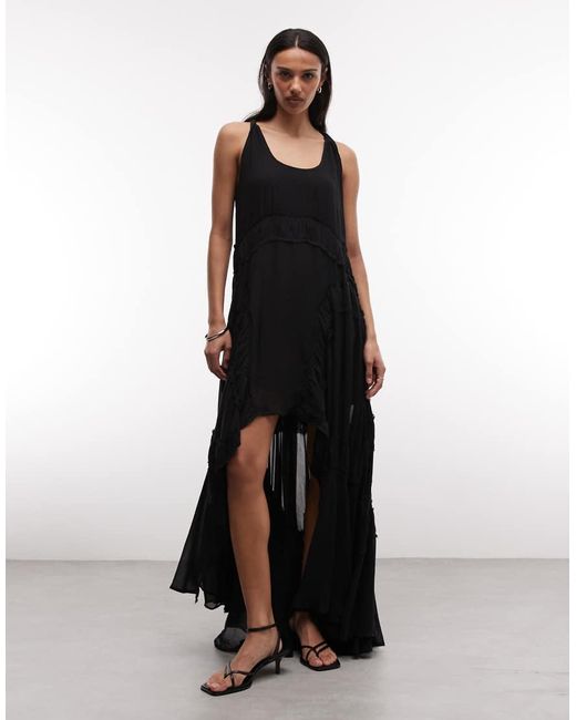 AllSaints Black Dorina Sleeveless Ruched Asymmetic Ruffle Midi Dress