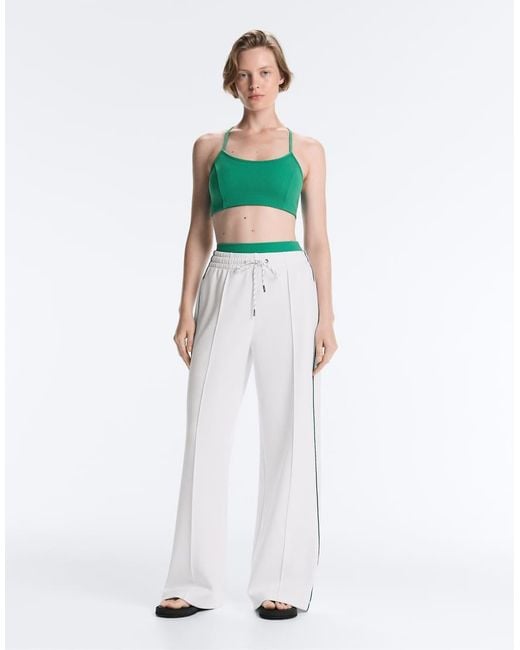 Oysho White Cotton Piqué Straight-leg Trousers With Piping
