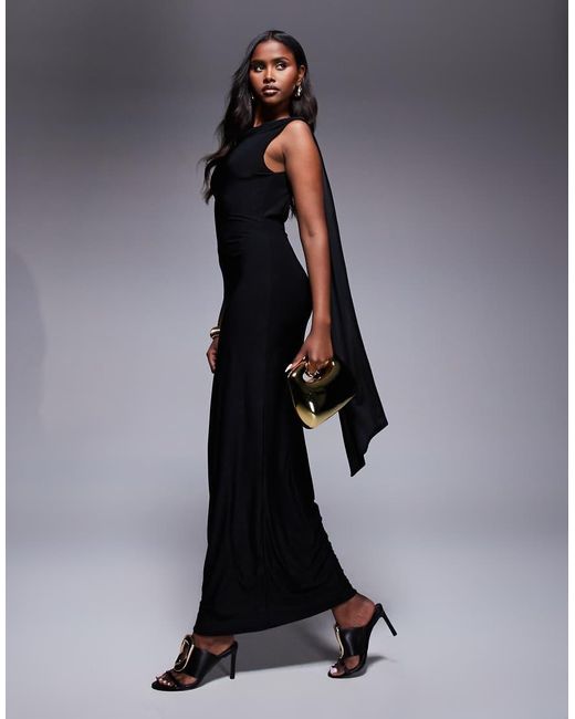 Fashionkilla Black Double Sculpted Slinky High Neck Open Back Scarf Detail Maxi Dress