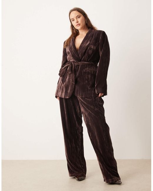 ASOS Brown Asos Design Curve Tailored Velvet High Waist Straight Leg Trousers Co-Ord