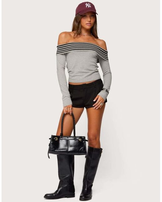 Edikted Gray Leetal Stripey Foldover Knit Top